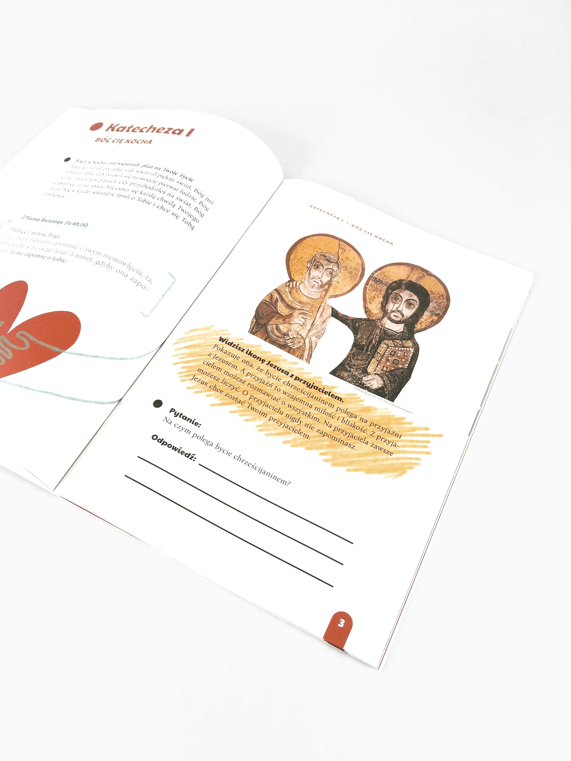 Katecheza I – strona otwierająca dział o Bożej miłości z ilustracją i zadaniami dla dzieci
